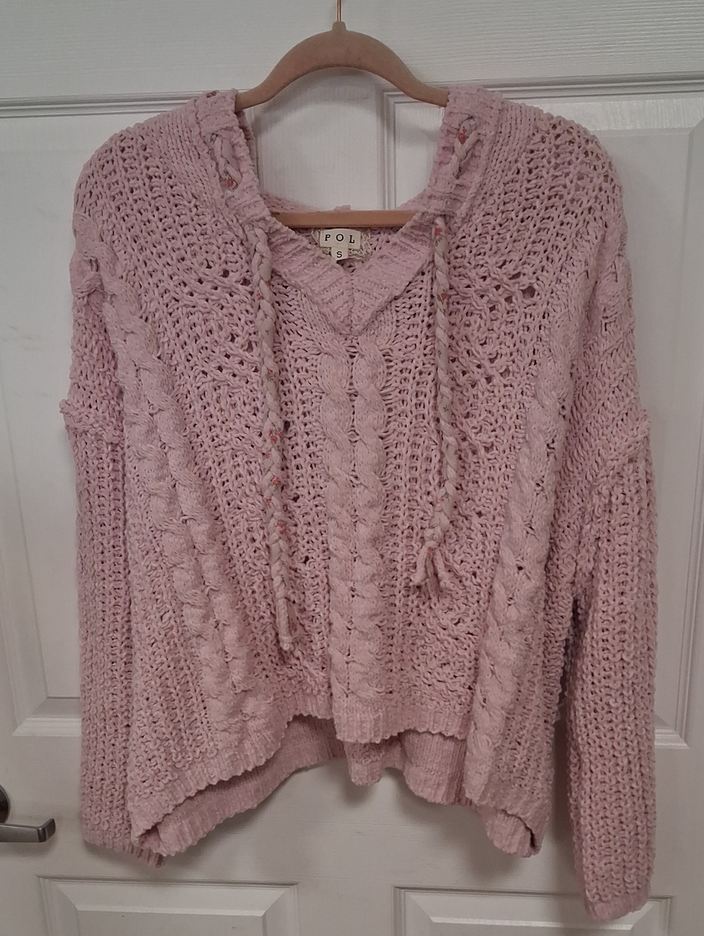 POL Pink Cable-Knit V-Neck Sweater with Hood Drawstrings